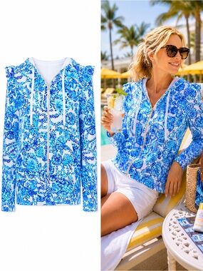 Lilly Pulitzer Audrey Zip Up Hoodie Medium Shell Me You Love Me Turquoise NWOT